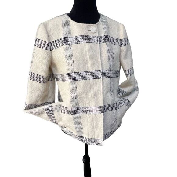 Tory Burch Wool Blend Ivory Black Plaid Blazer Zip Button Closure Women’s 10 M - Picture 11 of 14